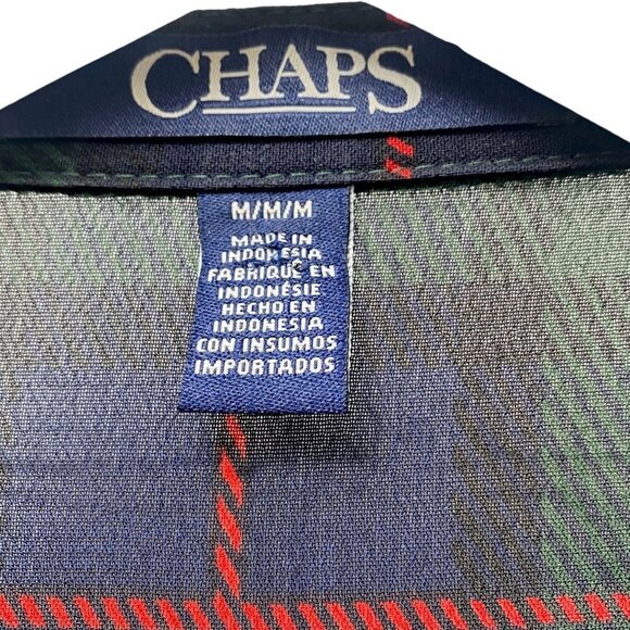 CHAPS Plaid Tunic Blouse Size Medium Navy Blue Green Plaid Chiffon Button Up Top - Picture 5 of 9